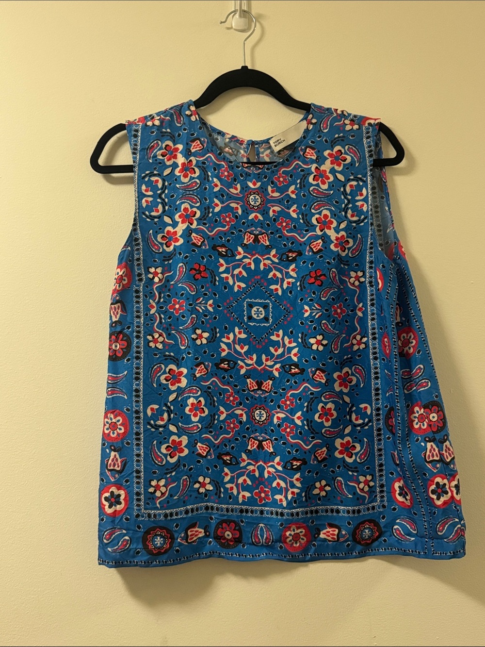 Tory Burch Blue Floral Paisley Tank with Red and White Accents